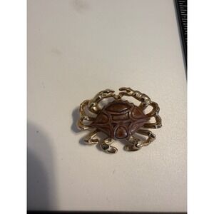Vintage Gold Tone Brown Enamel Crab Brooch Pin Nautical Coastal Jewelry